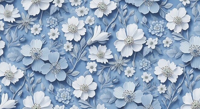 White and blue floral pattern with 3d paper cut effect