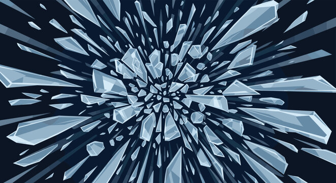 Dynamic illustration of sharp blue shattered glass fragments exploding from the center against a deep dark background.