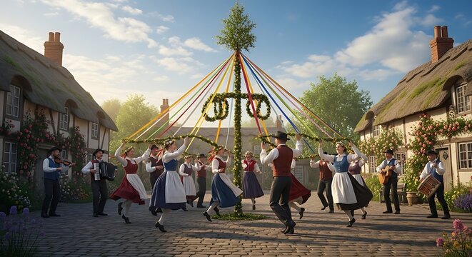 People dancing around a maypole in a traditional village square