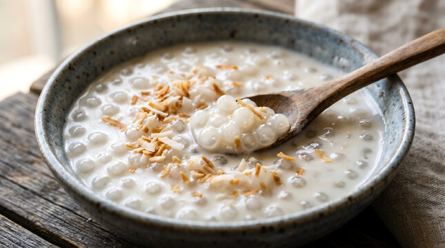 Creamy tapioca pudding with sweet coconut milk and toasted coconut flakes topping served in a ceramic bowl with wooden spoon on rustic table macro stock photo