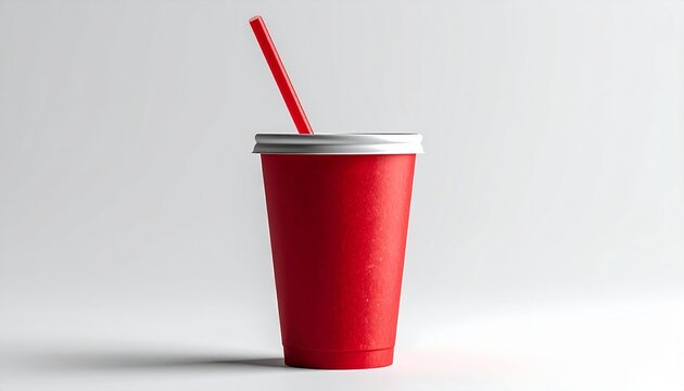 A refreshing red plastic cup with a white lid and a red straw, perfect for cold beverages and on-the-go enjoyment