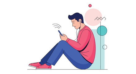 Fototapeta premium Young man in casual clothes sitting on the floor and listening to music through headphones connected to a smartphone.