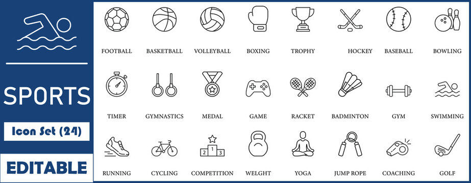 Sports icon set. Containing football, basketball, trophy, competition, medal, gym, volleyball, boxing, timer and more. Solid vector icons collection.