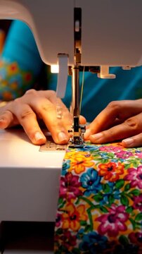 Closeup of hands using a sewing machine to stitch vibrant floral fabric