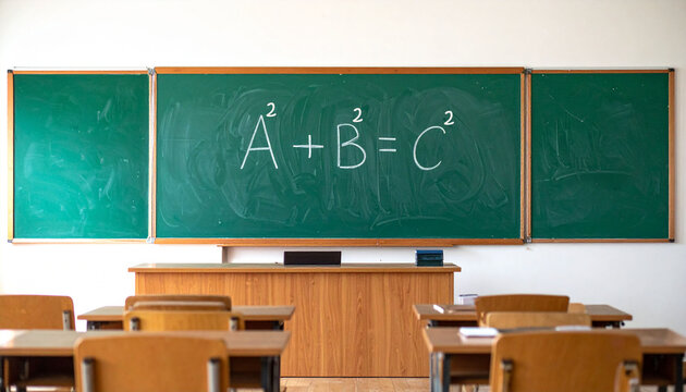 An empty school classroom interior featuring the Pythagorean theorem math formula written in white chalk on a large green chalkboard above a wooden teacher desk