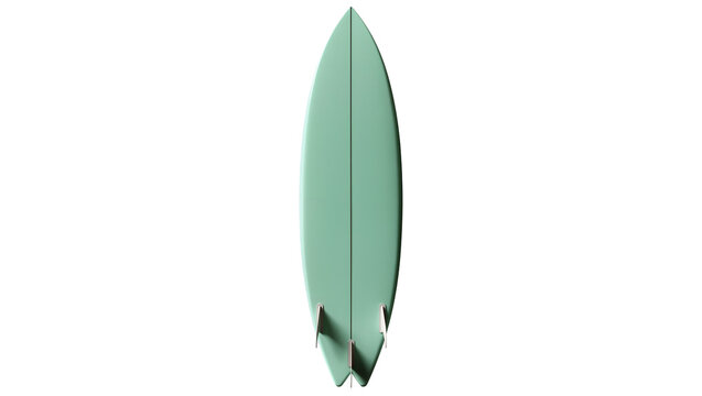 Teal surfboard with twin fins, isolated on transparent background