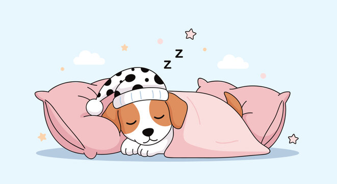 Adorable beagle puppy sleeping peacefully on pink pillows under a blanket with stars in the background.