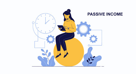 Fototapeta premium Passive Income Concept: Woman Using Tablet with Clock and Gears, Symbolizing Effortless Earnings and Financial Growth