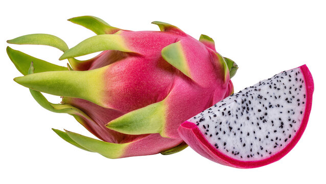 Vibrant pink dragon fruit with green scales and slice, isolated on transparent background