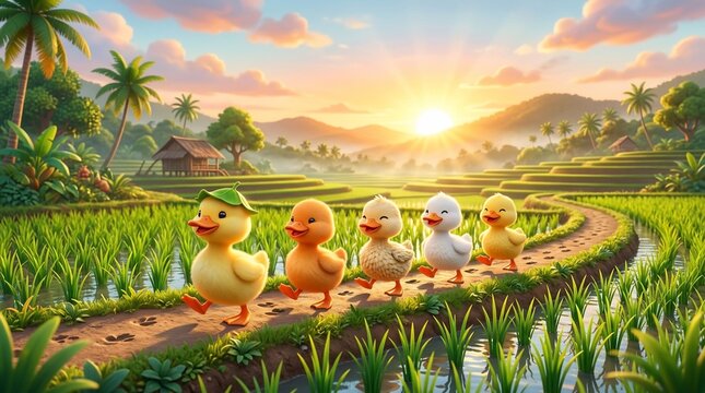 happy ducklings walking on path in green rice field at sunset