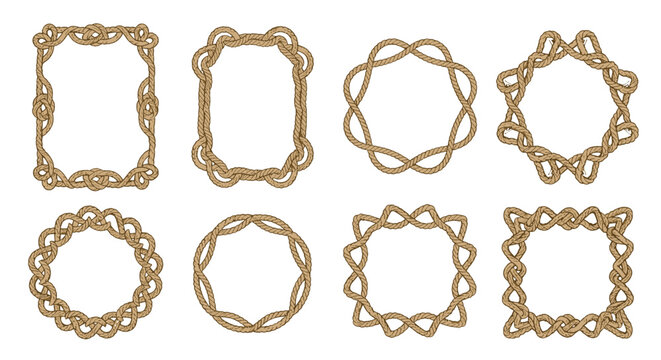 Collection of various decorative nautical rope borders and frames in different shapes like circles and rectangles.
