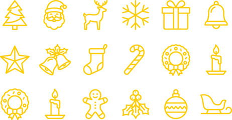 Christmas and new year holiday line icon collection for seasonal decorations with christmas celebration decoration ornament snowflake stocking candycane gingerbread reindeer december © iconic 