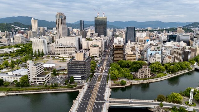 Aerial View of Hiroshima Atomic Bomb Dome and Downtown Cityscape in Hiroshima Japan