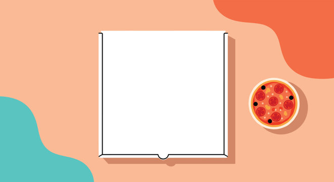 Top view illustration of a large empty white pizza box next to a small round pepperoni pizza on a colorful abstract background.