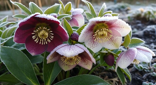Frosted hellebore flowers in a winter garden