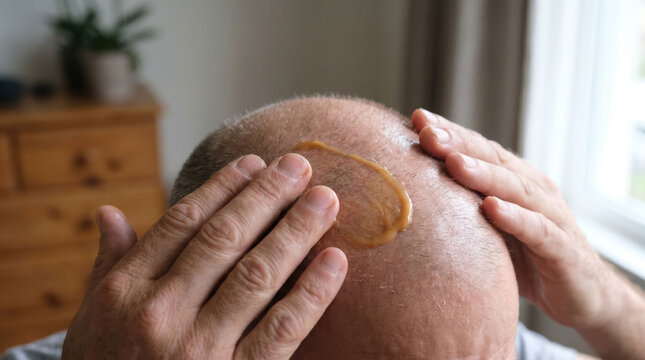 Baldness treatment scalp gel hand male home calm care applying topical serum for hair loss routine on head with focused touch