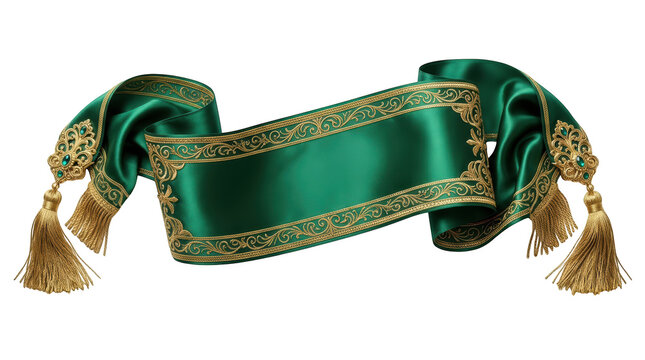 Elegant emerald green silk ceremonial sash with intricate gold embroidery and tassels isolated on transparent background