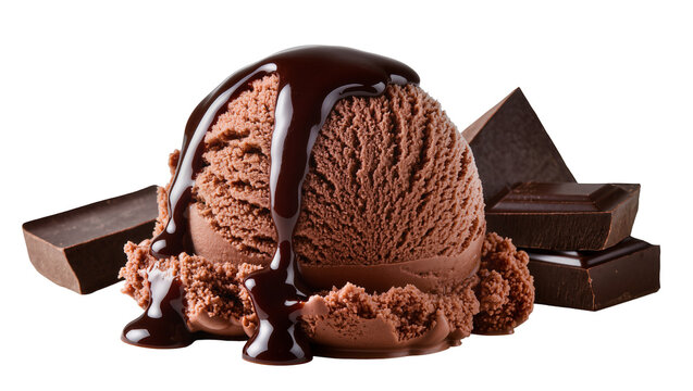 Rich chocolate ice cream scoop with dark chocolate syrup drizzle, isolated on transparent background