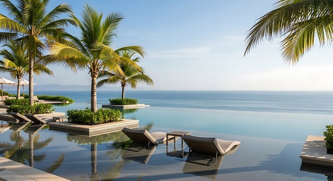 Luxury infinity pool with palm trees overlooking the tropical ocean