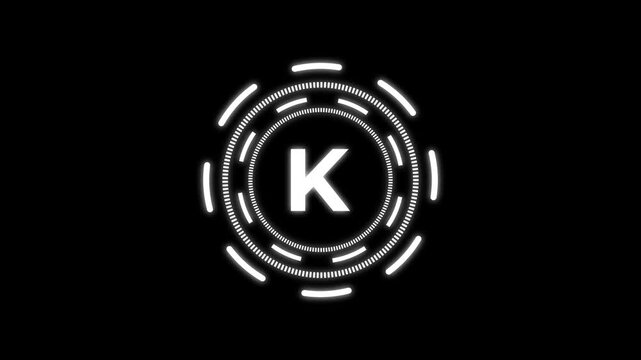 quantum computing icon animation with futuristic circular HUD interface and bold K letter design. Modern white neon technology symbol on dark background representing quantum technology,
