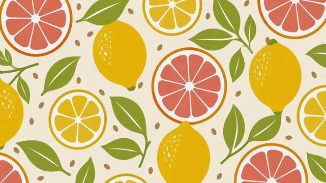 Seamless pattern with stunning citrus lemon and orange slices on warm cream background