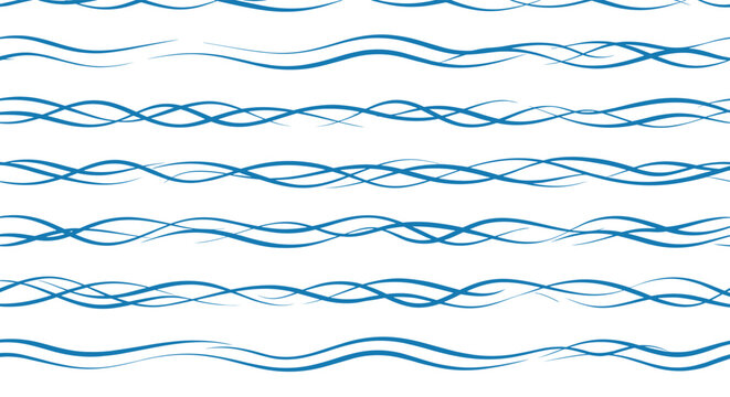 Simple repetitive pattern of flowing blue wavy lines across a clean white background suggesting water or wind.