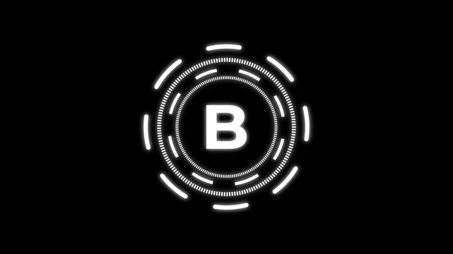 quantum computing icon animation with futuristic circular HUD interface and bold B letter design. Modern white neon technology symbol on dark background representing quantum technology,