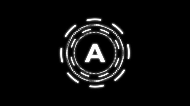 quantum computing icon animation with futuristic circular HUD interface and bold A letter design. Modern white neon technology symbol on dark background representing quantum technology,