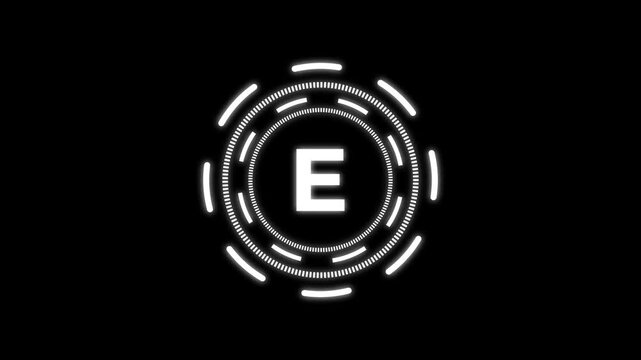 quantum computing icon animation with futuristic circular HUD interface and bold E letter design. Modern white neon technology symbol on dark background representing quantum technology,