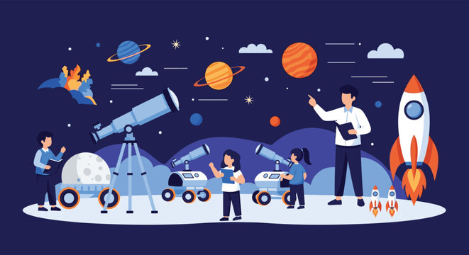 Group of young children learning about astronomy with their teacher pointing at planets and rockets in a cosmic space themed classroom setup.