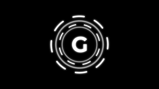 quantum computing icon animation with futuristic circular HUD interface and bold G letter design. Modern white neon technology symbol on dark background representing quantum technology,