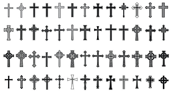 Large collection of different Christian cross icons in various styles from simple to ornate Celtic designs on a plain white background.