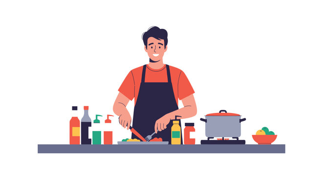 Cheerful male chef wearing a black apron while expertly chopping fresh vegetables on a kitchen counter with various cooking ingredients.