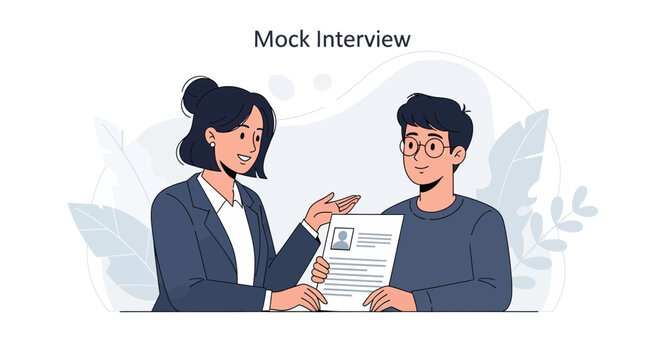 Mock Interview Scene: Woman Interviewer Holding Resume, Man Applicant with Glasses in Modern Flat Illustration Style
