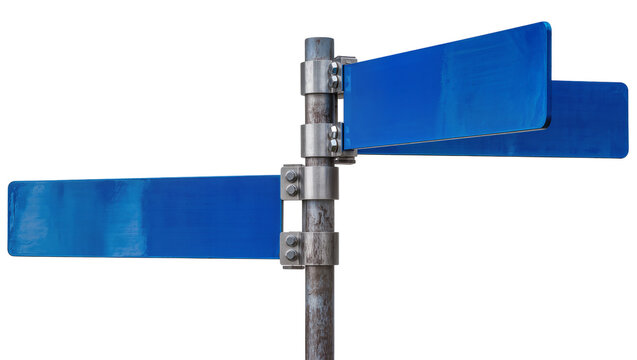 Two blank blue directional street signs on metal pole, isolated on transparent background