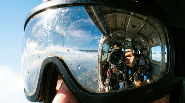 Skydiving helmet goggle reflection camera aircraft door adventurous jumper before freefall high above cloud with blue sky