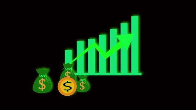 Animated money bags rising graph neon glow dark background business finance statistics data. Green money bags animation upward arrow financial growth wealth increase business economy chart.