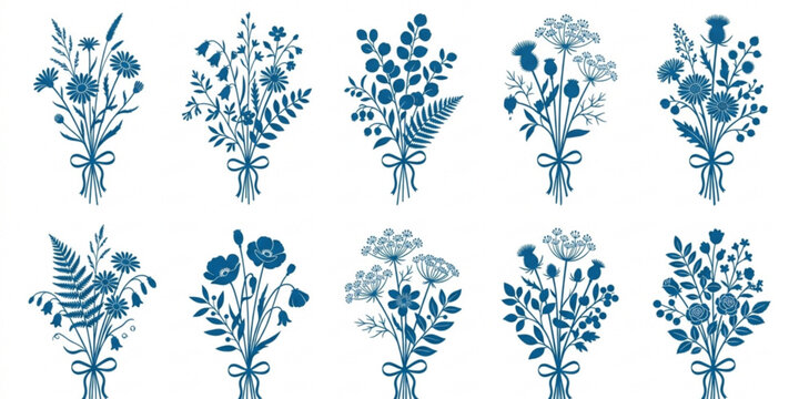 Blue floral bouquet silhouette vector set with delicate wildflowers herbs and botanical arrangements isolated on white