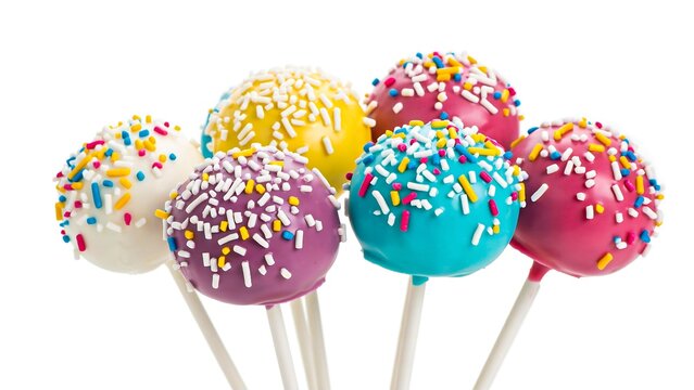 Colorful cake pops with sprinkles isolated on white background