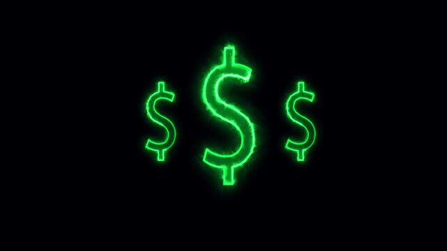 Animated glowing green dollar sign logo intro lower thirds business finance cryptocurrency neon effect. Green dollar sign animation glowing neon financial wealth prosperity business.