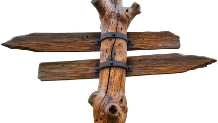 Weathered wooden signpost with rusty metal bands, isolated on transparent background © Sorin