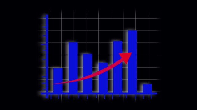 Finance growth decline animated bar graph chart business data presentation neon blue red seamless loop. Business data animated bar graph chart finance growth decline arrow.