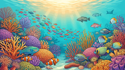 Vibrant coral reef teeming with diverse fish species under sunlit ocean surface © mawar