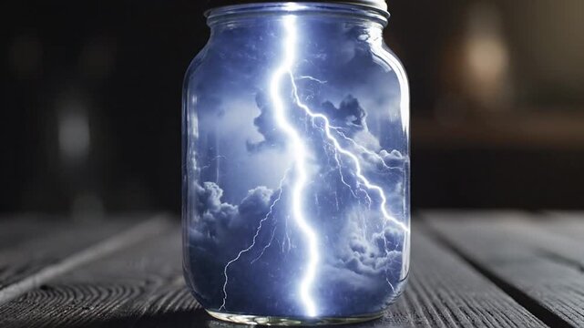 A lightning storm captured inside a clear glass mason jar sitting on a wooden surface