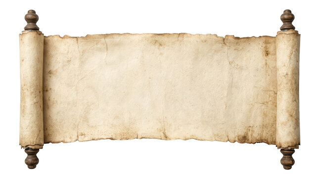 Old vintage paper scroll with wooden handles isolated on transparent background