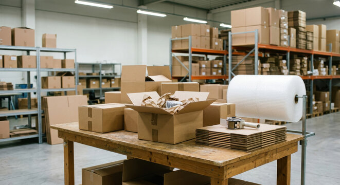 Packaging and Shipping Activity with Cardboard Boxes and Supplies in a Warehouse Setting