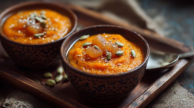 Rich carrot pudding served with jaggery pieces and cardamom pods beside bowl