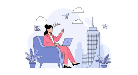 Fototapeta premium Woman Working Remotely in a Modern City, Freelance and Digital Nomad Concept