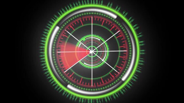 Futuristic circular display animation glowing neon elements HUD interface abstract motion graphics. Dynamic rotating HUD interface with sci-fi radar screen green red neon seamless loop.
