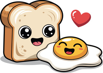 Fototapeta premium Adorable cartoon toast and fried egg characters with heart, white background, keywords: food